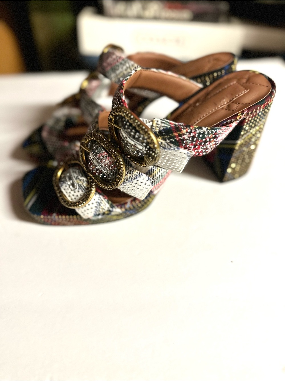 Kurt Geiger Multi-Color Plaid Buckle Strap Heeled Sandals - Picture 4 of 4